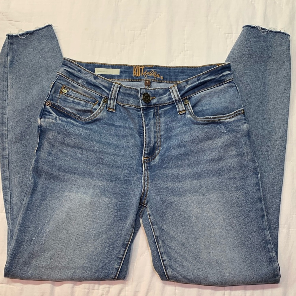 Kut from the Kloth Carlo Mid-Rise Ankle Skinny Jeans Raw Hem Blue Size 6